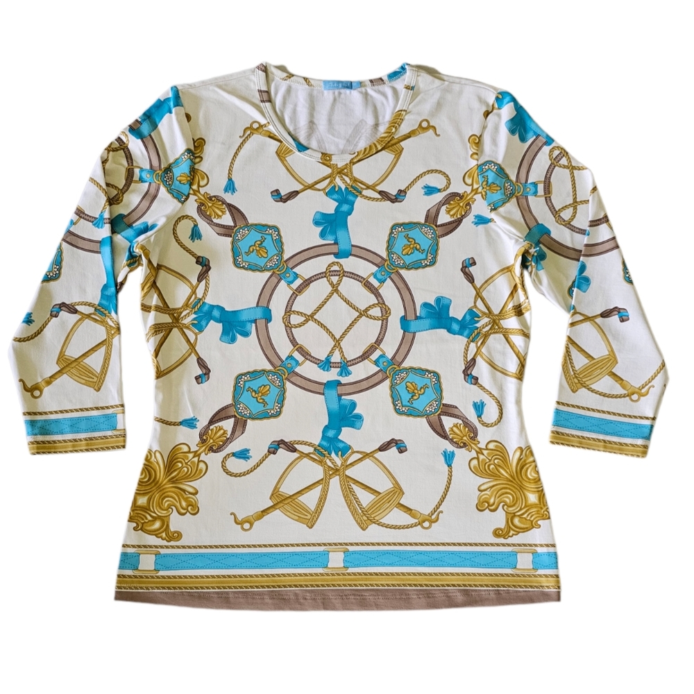 J. McLaughlin Equestrian Print Top Three Quarter Sleeve, Ivory Color NWOT